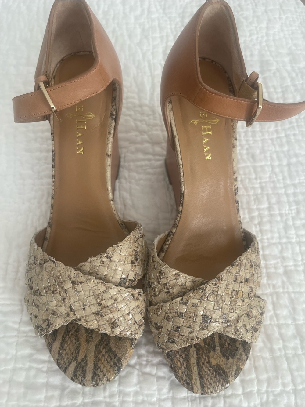 Cole Haan Tan Leather & Natural Snake-Print Woven Strap Heels